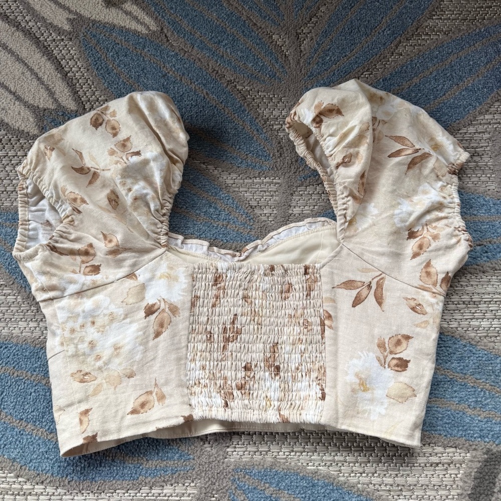 House of Harlow 1960 Samina Floral Cropped Top Linen Blend‎ Puff Sleeves Size 6 - Picture 2 of 5